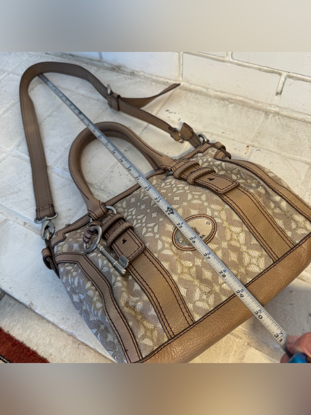 Fossil Vintage Jacquard Canvas Satchel Crossbody Bag w Leather Trim & Key Charm - Picture 14 of 14